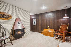 Living area featuring carpet, a textured ceiling, and wood walls