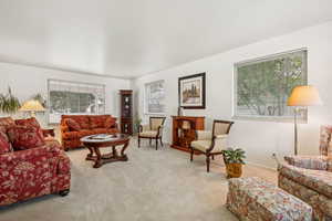 Living room featuring healthy amount of natural light and light colored carpet