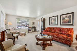 Carpeted living area featuring plenty of natural light
