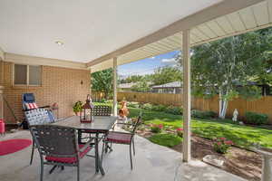 Fenced backyard featuring a patio and outdoor dining space