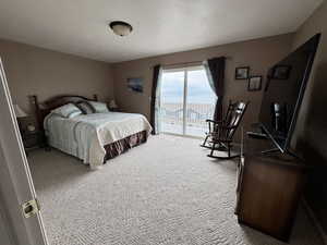 Bedroom featuring light colored carpet, access to outside, and a textured ceiling