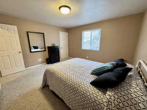Bedroom with carpet and a textured ceiling