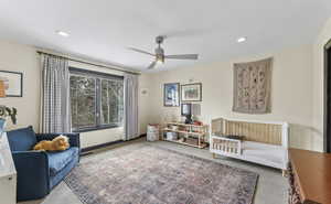 Sitting room with carpet floors, recessed lighting, and ceiling fan