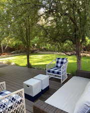 Wooden terrace featuring a lawn