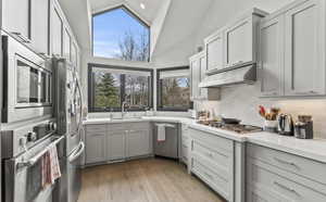 Kitchen featuring appliances with stainless steel finishes, gray cabinets, high vaulted ceiling, light wood-type flooring, and under cabinet range hood