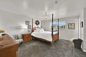 Bedroom with a textured ceiling and dark colored carpet