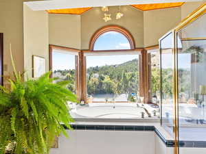 Full bathroom featuring a bath and a shower stall