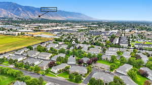 Aerial perspective of suburban area featuring a mountainous background