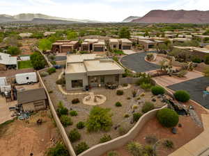Aerial view of residential area with a mountain backdrop