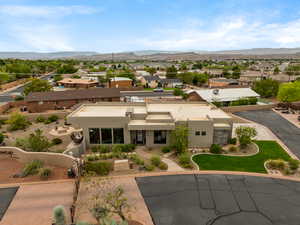 Aerial view of residential area with mountains
