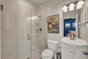 Full bath featuring vanity and a stall shower