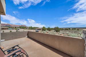 View of patio with a mountain view