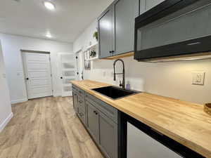 Kitchen featuring black microwave, butcher block counters, open shelves, light wood-type flooring, and gray cabinets