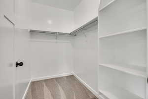 Spacious closet with light colored carpet