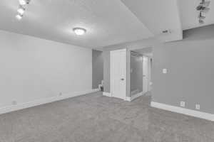 Basement featuring carpet and a textured ceiling