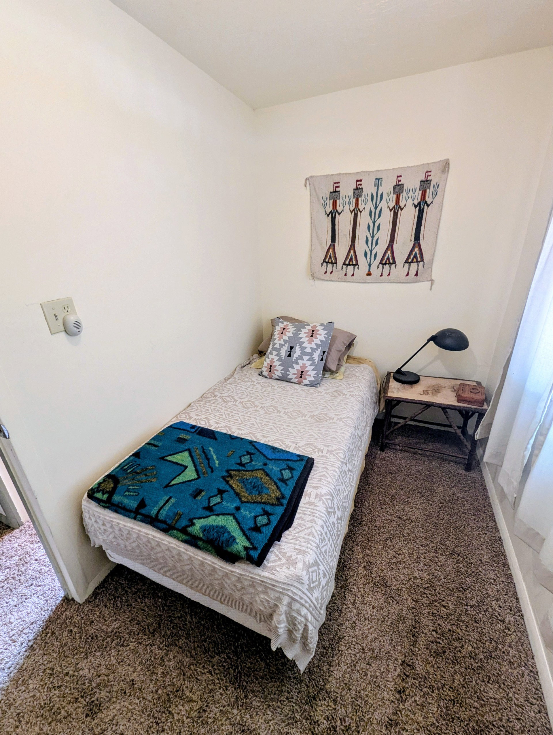 Bedroom with dark carpet