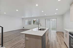 Kitchen with recessed lighting, light wood-type flooring, open floor plan, an island with sink, and dishwasher