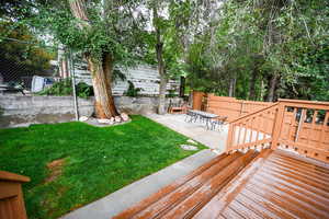 Fenced backyard with a patio area and a wooden deck