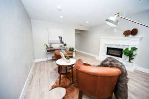Living area featuring light wood finished floors, a textured ceiling, a premium fireplace, and recessed lighting