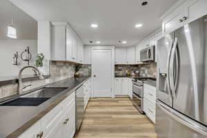 Kitchen with stainless steel appliances, white cabinets, recessed lighting, light wood-type flooring, and backsplash