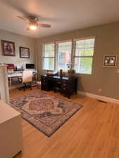 Office area with light wood-style floors, healthy amount of natural light, and a ceiling fan