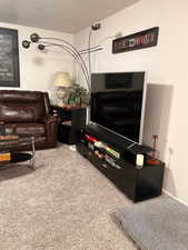 Living room featuring light carpet