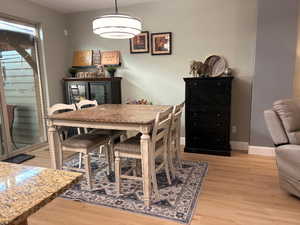 Dining area featuring light wood-style floors and baseboards
