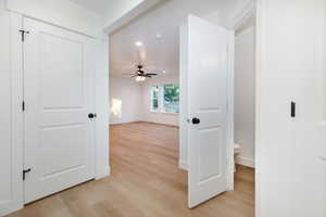 Spare room with light wood-type flooring, recessed lighting, and ceiling fan