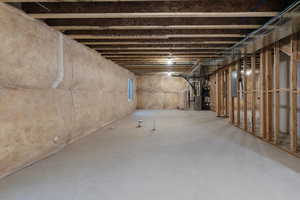 Unfinished basement featuring electric panel