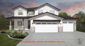 View of front of home with stone siding, a standing seam roof, a garage, concrete driveway, and a metal roof