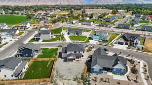 Aerial view of residential area with mountains