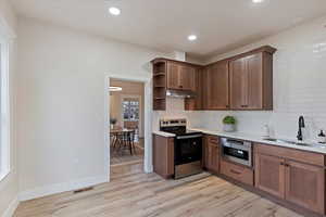 Kitchen featuring stainless steel range with electric cooktop, open shelves, tasteful backsplash, light wood-type flooring, and recessed lighting