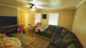 Living room with a textured ceiling, wood finished floors, crown molding, and ceiling fan