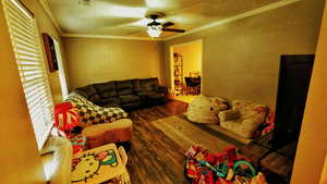 Living area featuring crown molding, dark wood-style flooring, a textured ceiling, a ceiling fan, and a textured wall