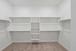 Walk in closet with light colored carpet
