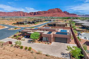 Aerial view of residential area with mountains