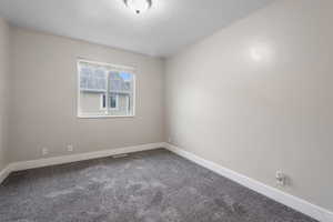 Carpeted spare room with baseboards and a textured ceiling
