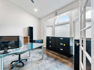 Flex Room/Office space with vaulted ceiling, a ceiling fan, and recessed lighting