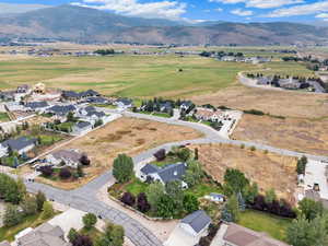 Aerial perspective of suburban area featuring a mountain backdrop