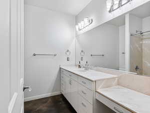 Main Bathroom featuring vanity,  jetted tub / shower combination, and concrete floors