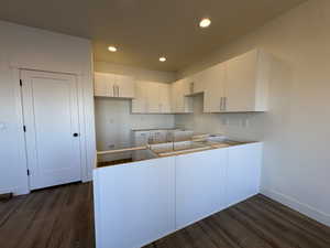 Kitchen with white cabinets, recessed lighting, dark wood-style floors, and a peninsula