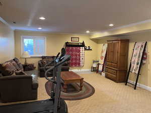 Basement Gathering area with crown molding, light carpet, and recessed lighting