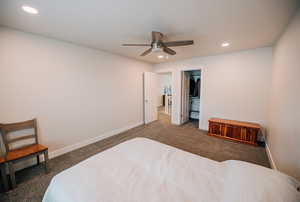 Bedroom featuring carpet floors, recessed lighting, a ceiling fan, and a spacious closet