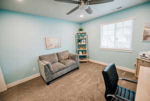 Office space featuring carpet, recessed lighting, and a ceiling fan