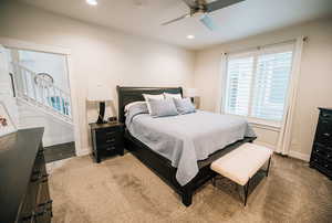 Bedroom with recessed lighting, a ceiling fan, and carpet