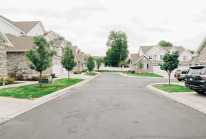 View of asphalt street with a residential view and curbs