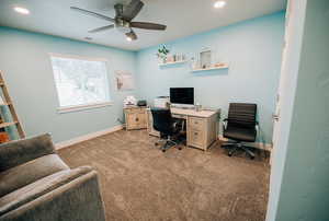 Office space featuring light carpet, recessed lighting, and a ceiling fan
