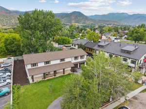 Aerial view of residential area with a mountain backdrop