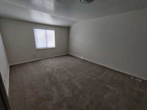 Spare room featuring a textured ceiling, carpet flooring, and lofted ceiling