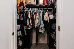 Walk in closet with dark carpet